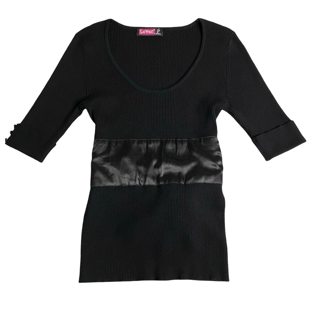 Vintage Y2K Say What USA Sweater Top Womens L Black Ribbed Satin Tie Waist Goth
